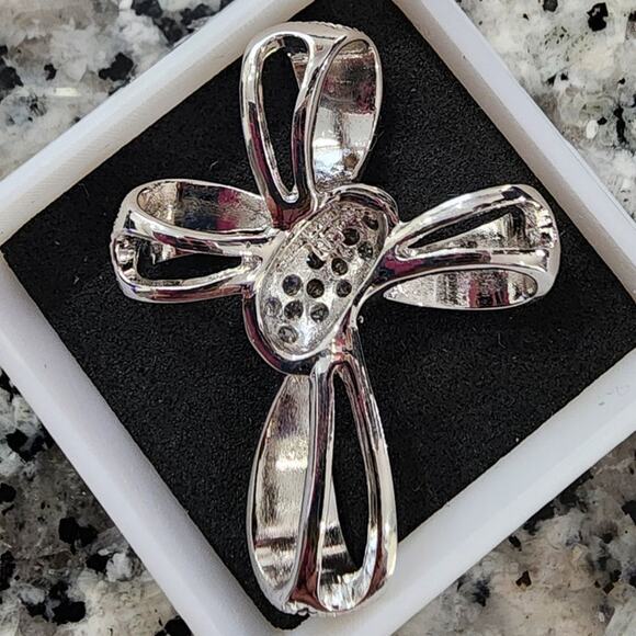RP 925 Sterling Silver Rhinestone Looped Cross Necklace Slide Pendant, Thailand - Picture 4 of 6